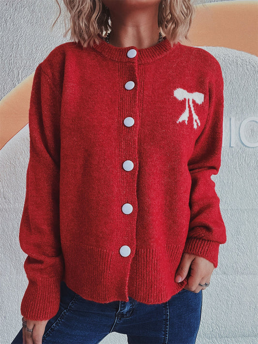 Beate® | Long-sleeved cardigan with bow and round neckline and buttons