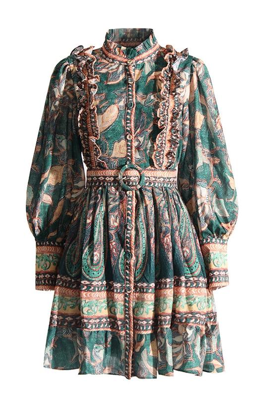 Camila® | Printed mini shirt dress with ruffles and belt