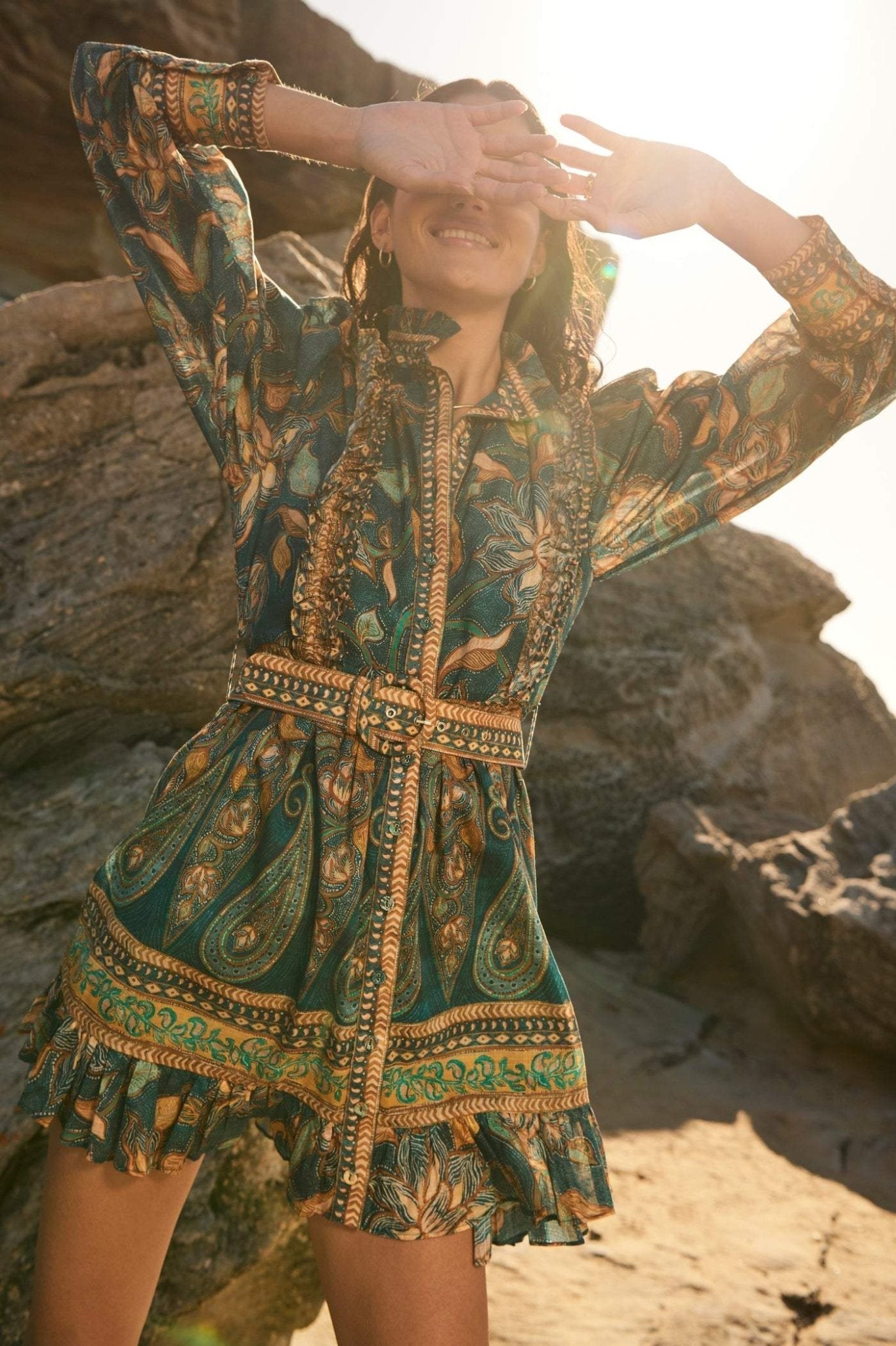 Camila® | Printed mini shirt dress with ruffles and belt