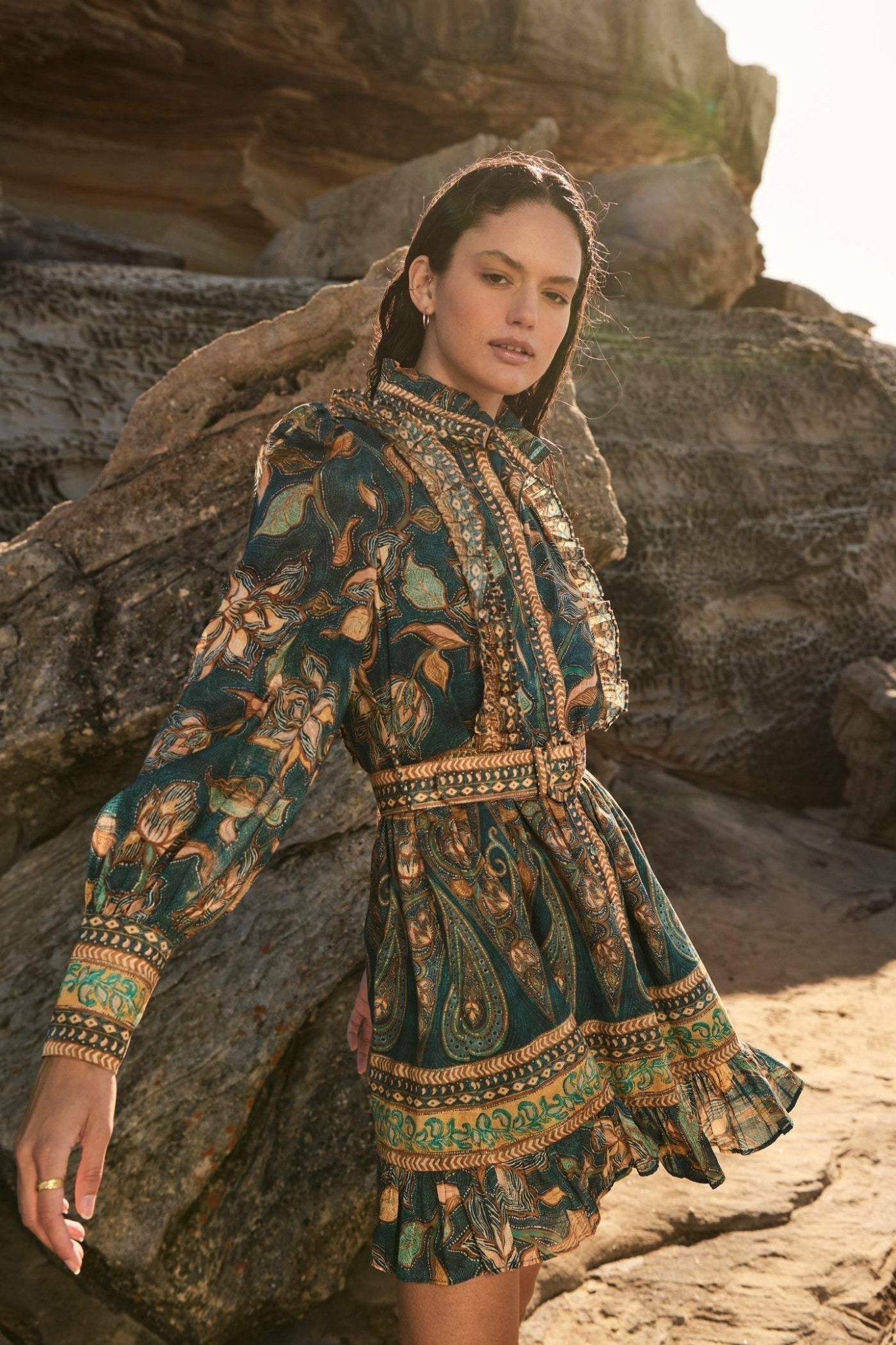 Camila® | Printed mini shirt dress with ruffles and belt