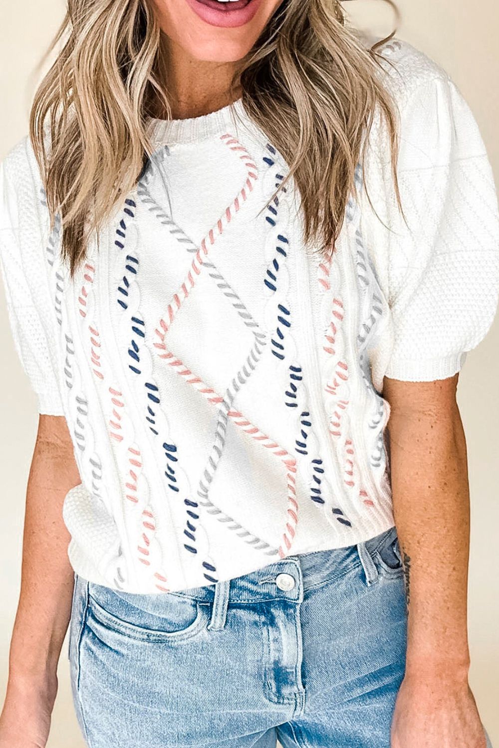 Bianca® | Half-sleeved sweater with cable knit and crew neck
