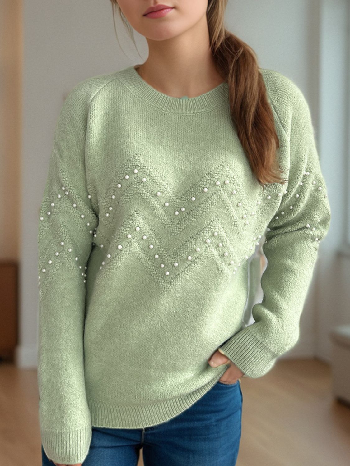 Concepcion® | Round neck sweater with raglan sleeves and pearl trim