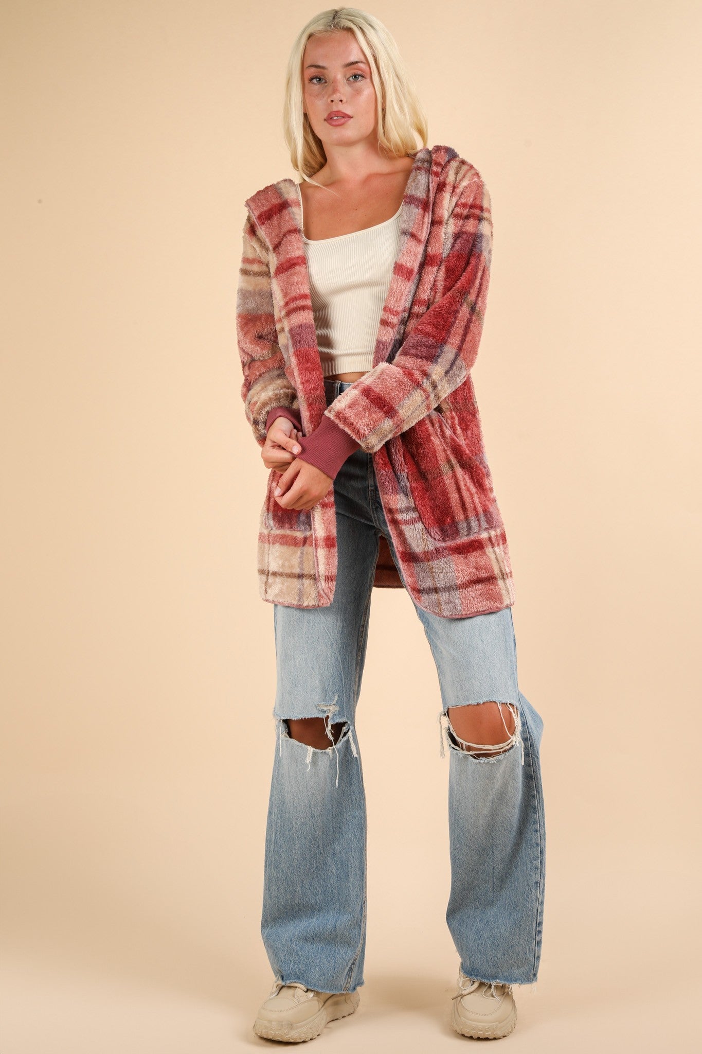Araceli | VERY J Fuzzy Plaid Long Sleeve Hooded Jacket