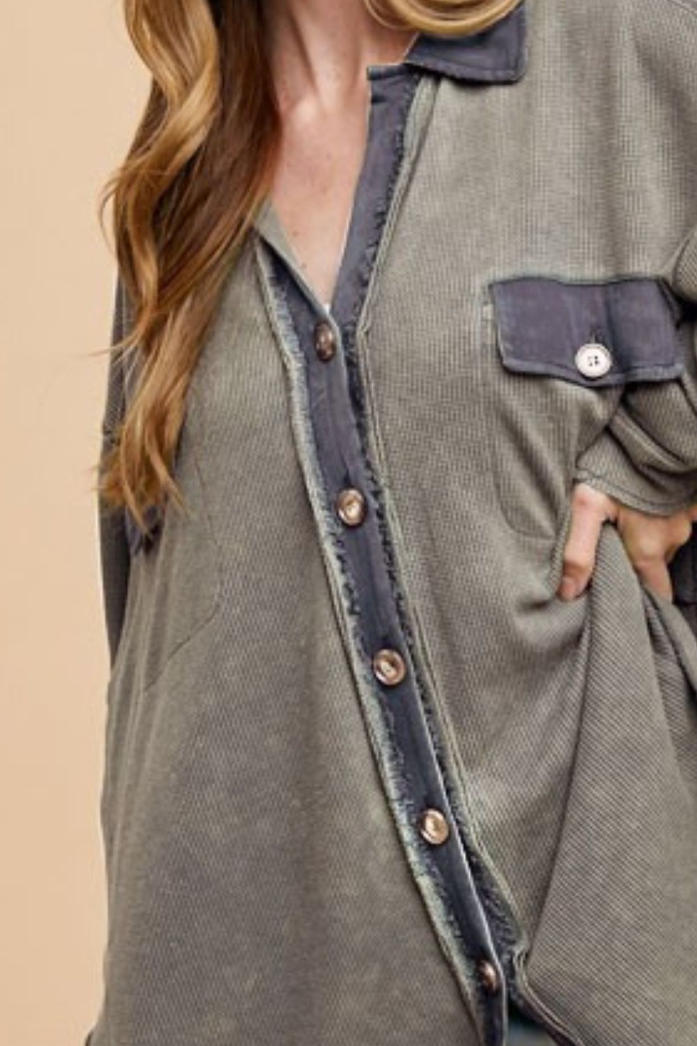 Camila® | Mineral washed waffle knit button-down shirt