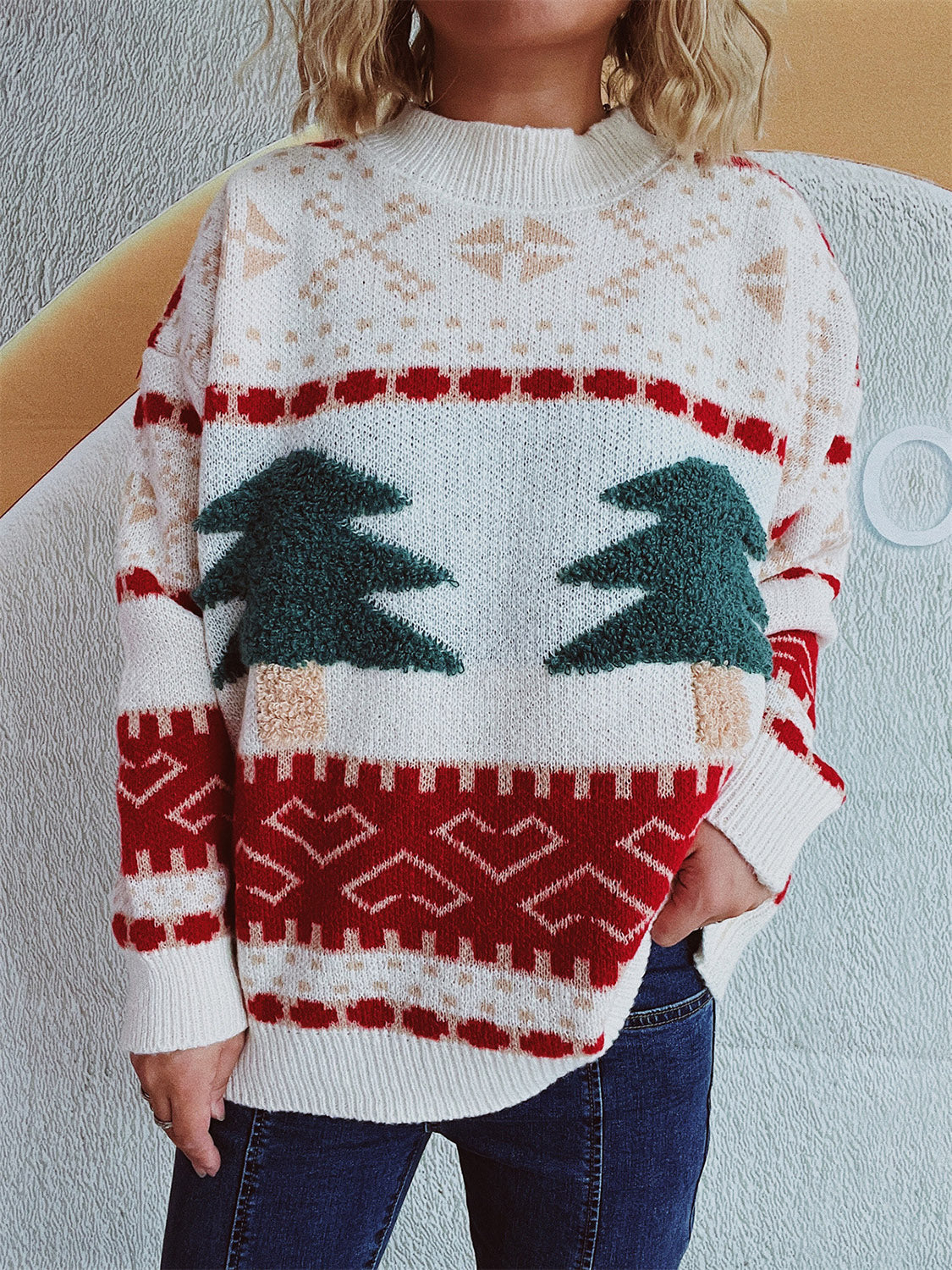 Annelies® | Long-sleeved Christmas tree sweater with stand-up collar