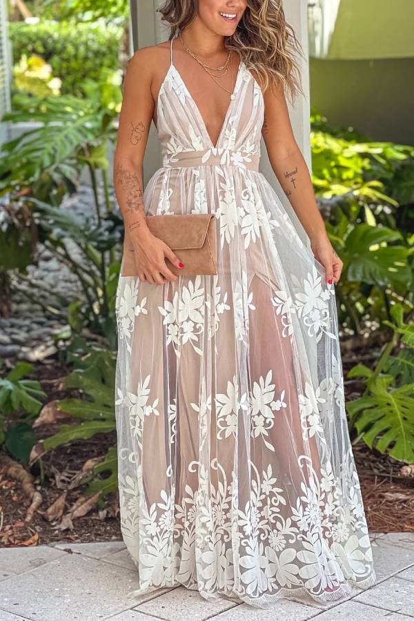 Carina® | White and beige crossed tulle maxi dress with floral pattern on the back