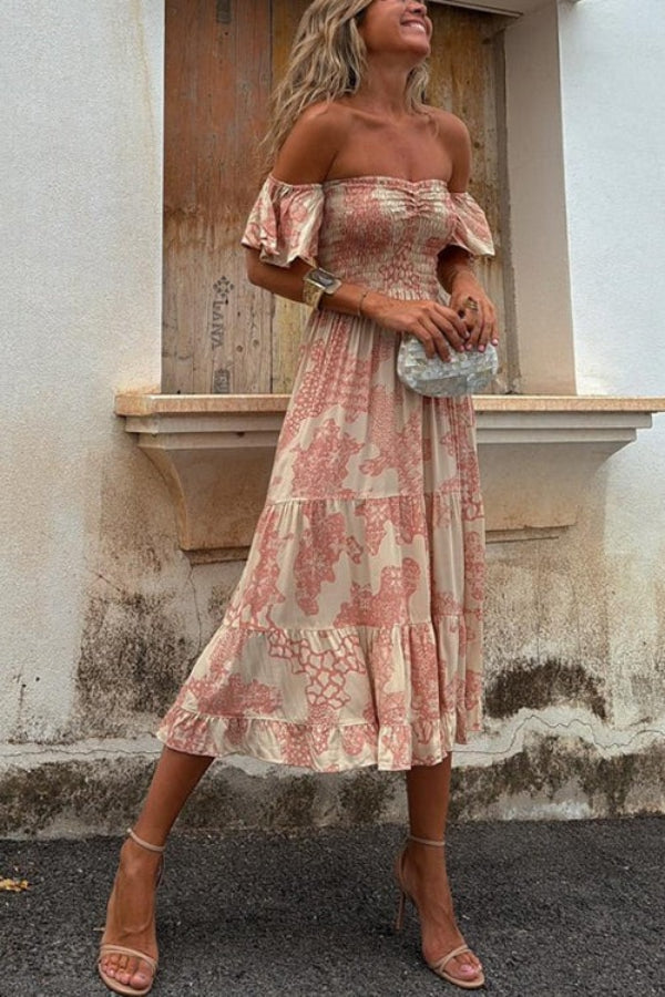 Alexandra® | Unique off shoulder smocked layered midi dress with ruffle sleeves