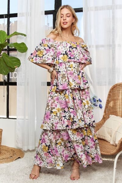 Clara® | Layered floral off shoulder short sleeve maxi dress
