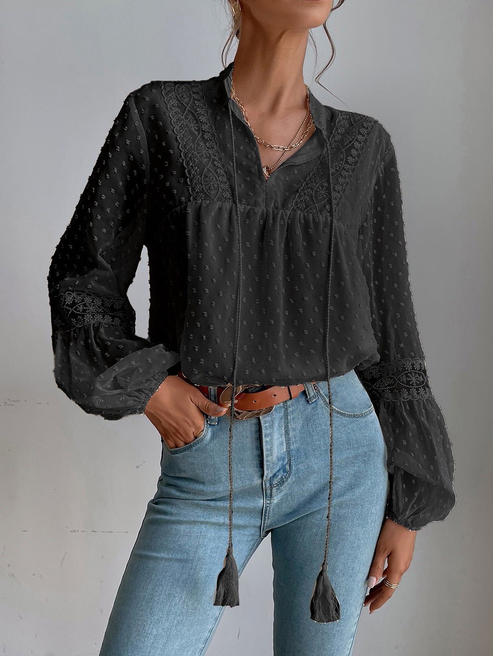 Betsabé® | Long Sleeve Lace Blouse With V-Neck
