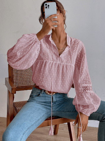 Betsabé® | Long Sleeve Lace Blouse With V-Neck