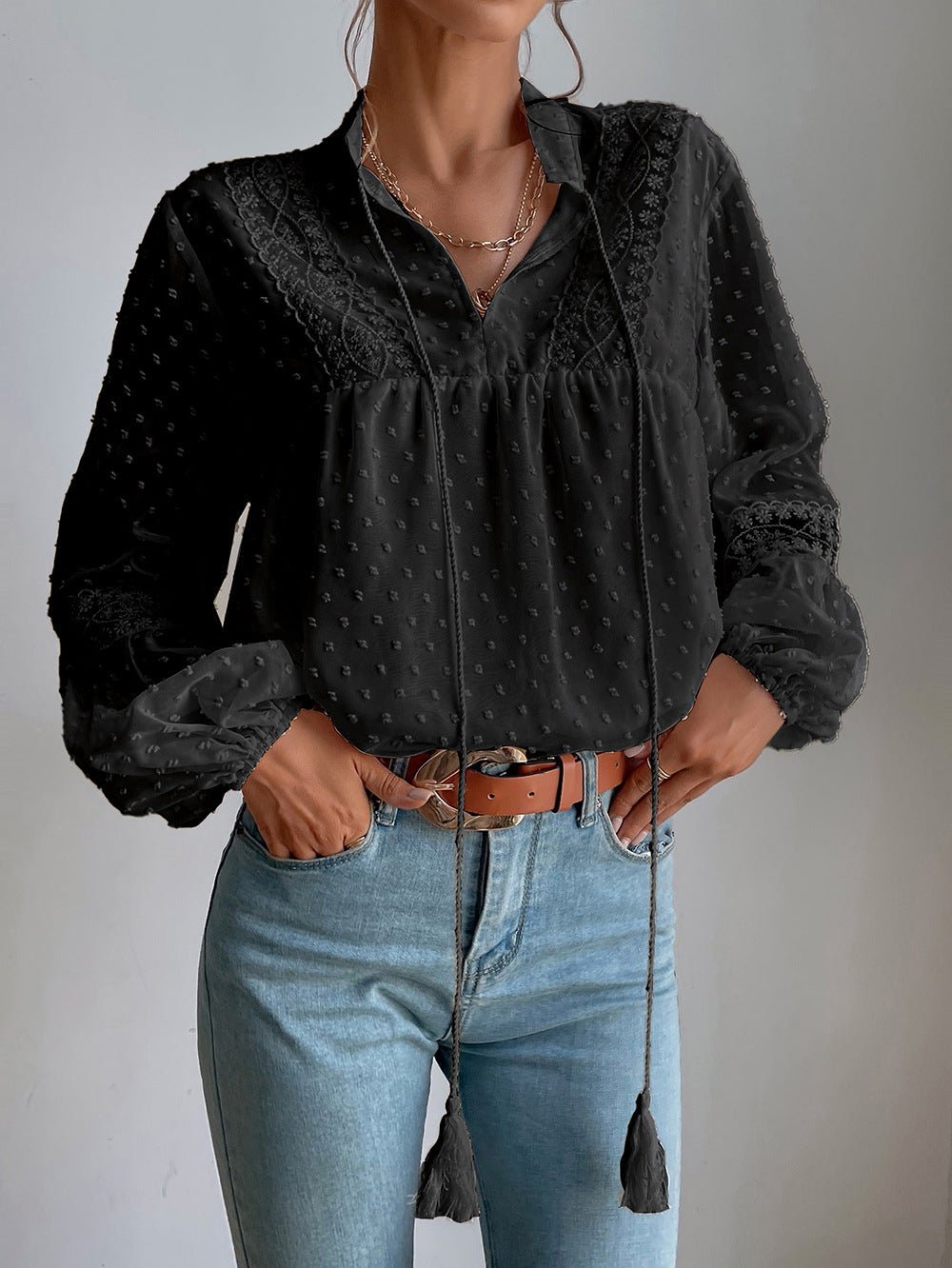 Betsabé® | Long Sleeve Lace Blouse With V-Neck