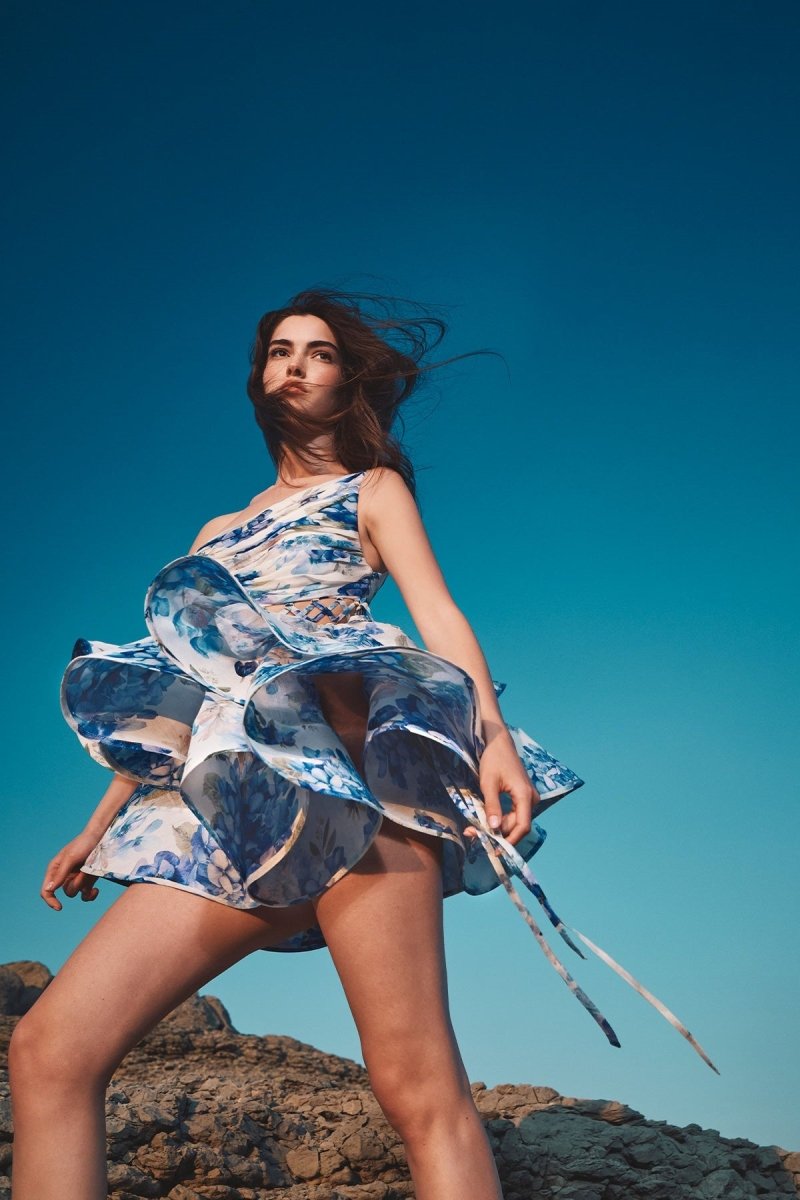 Aurora® | Floral-Print One-Shoulder Chiffon Mini Dress