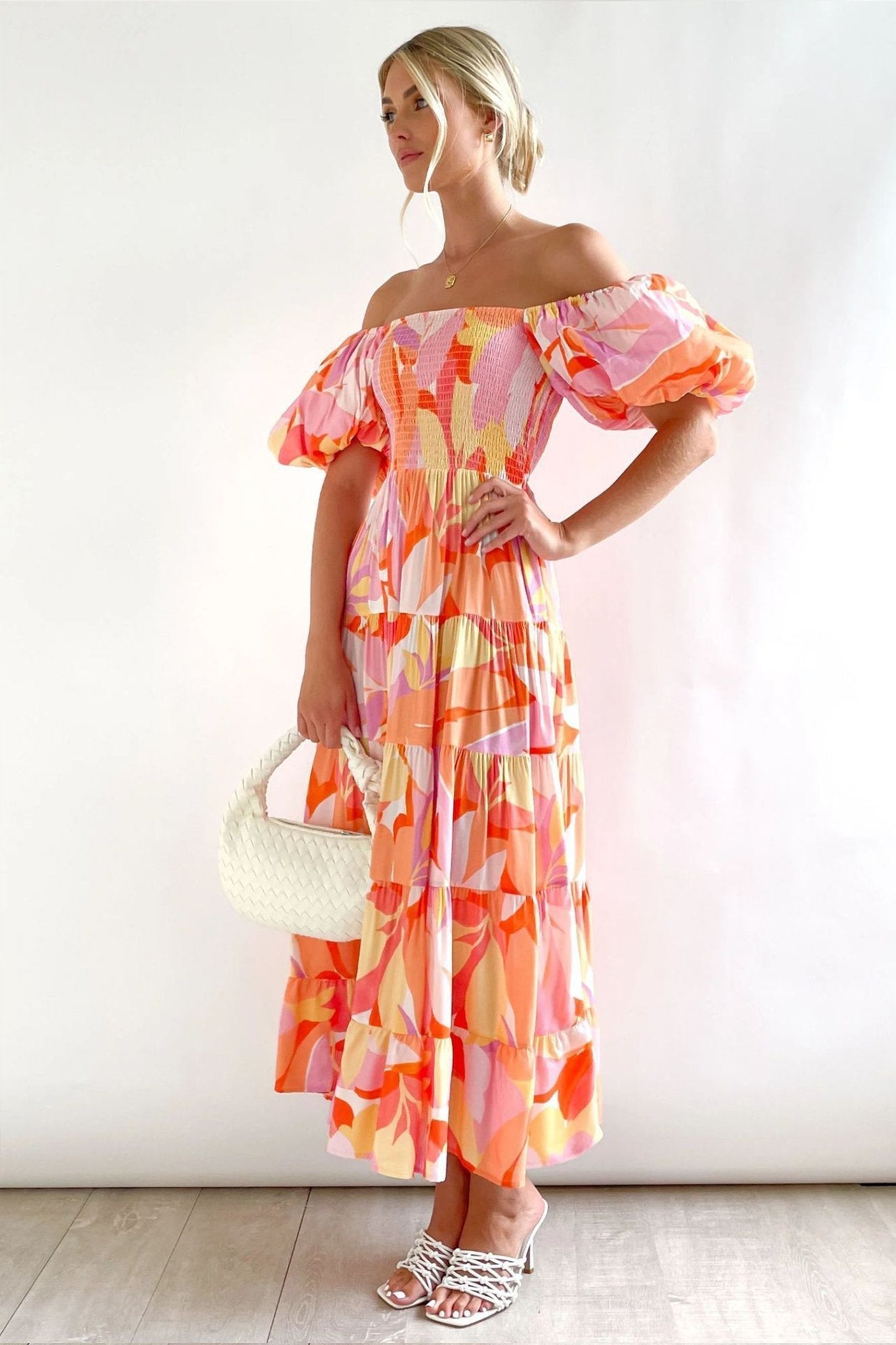 Alicia® | Printed Off-The-Shoulder Tiered Maxi Dress With Puff Sleeves