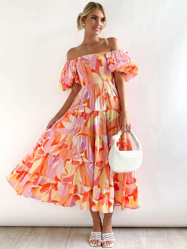Alicia® | Printed Off-The-Shoulder Tiered Maxi Dress With Puff Sleeves