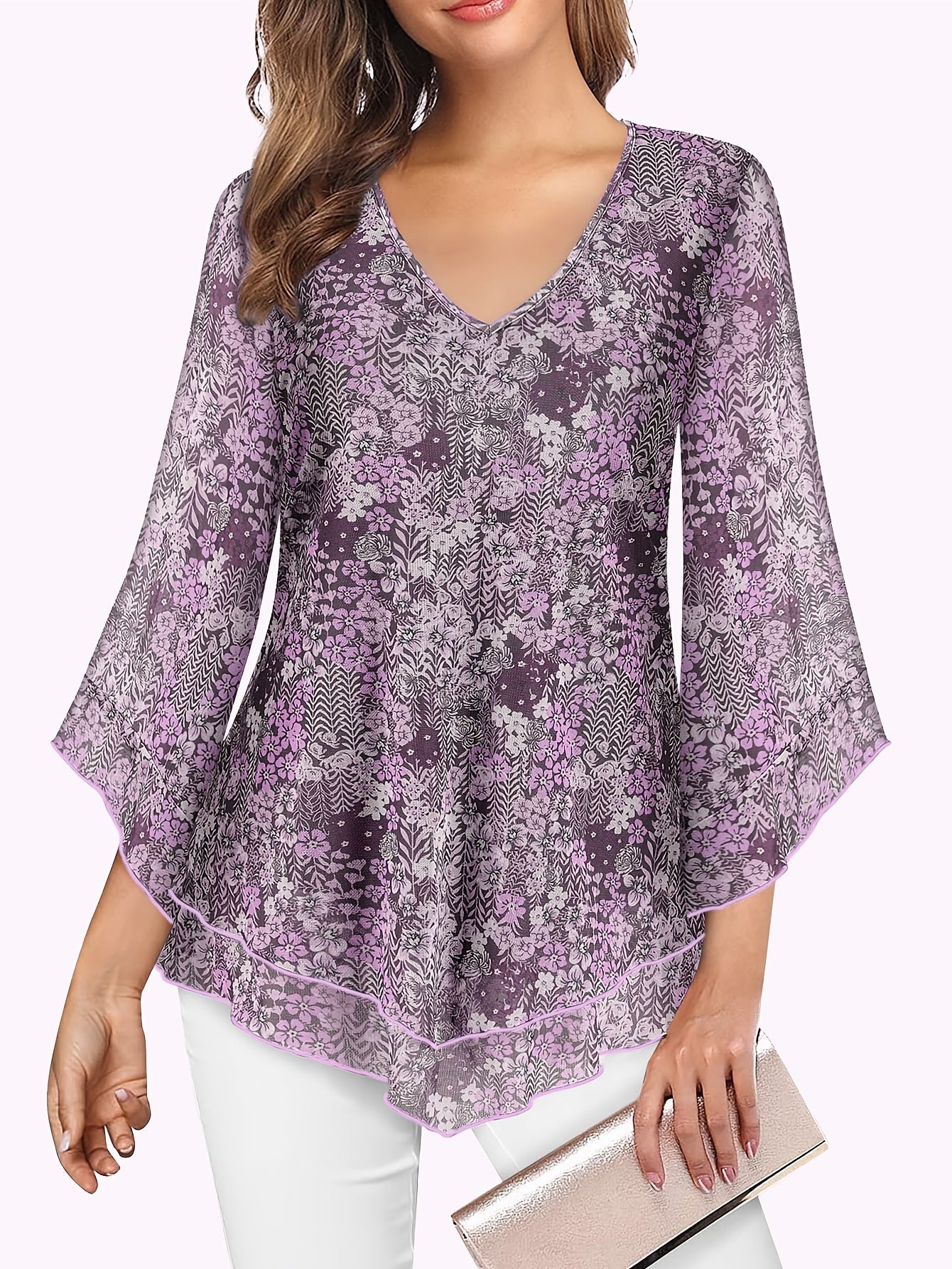 Claudia® | Chic V-Neck Ruffle Mesh Blouse