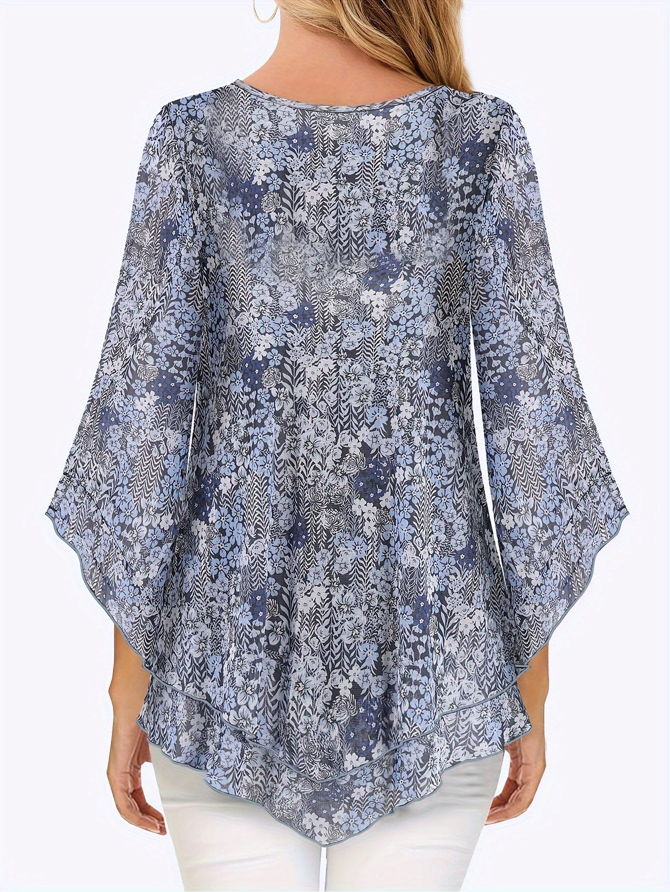 Claudia® | Chic V-Neck Ruffle Mesh Blouse