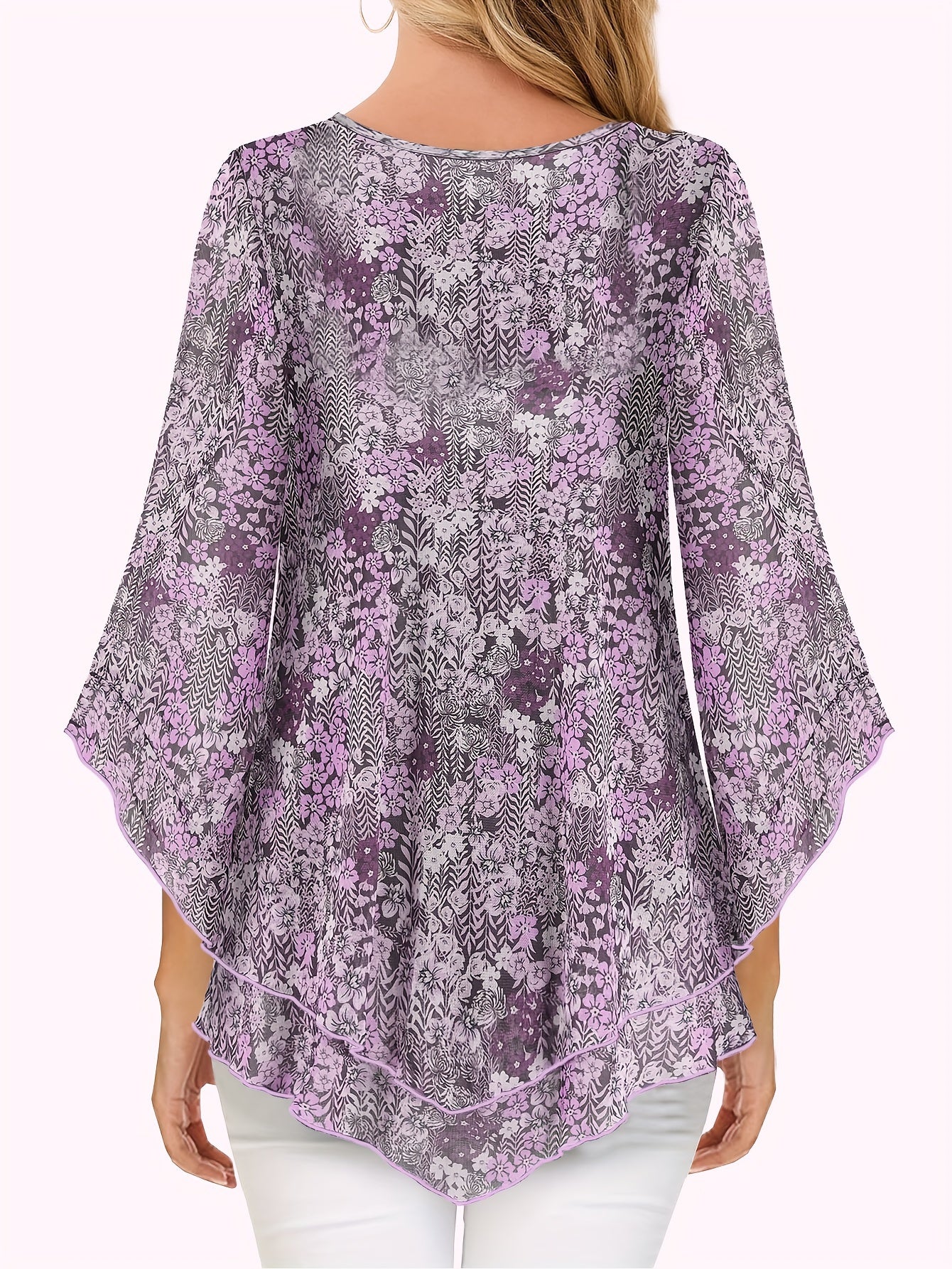 Claudia® | Chic V-Neck Ruffle Mesh Blouse