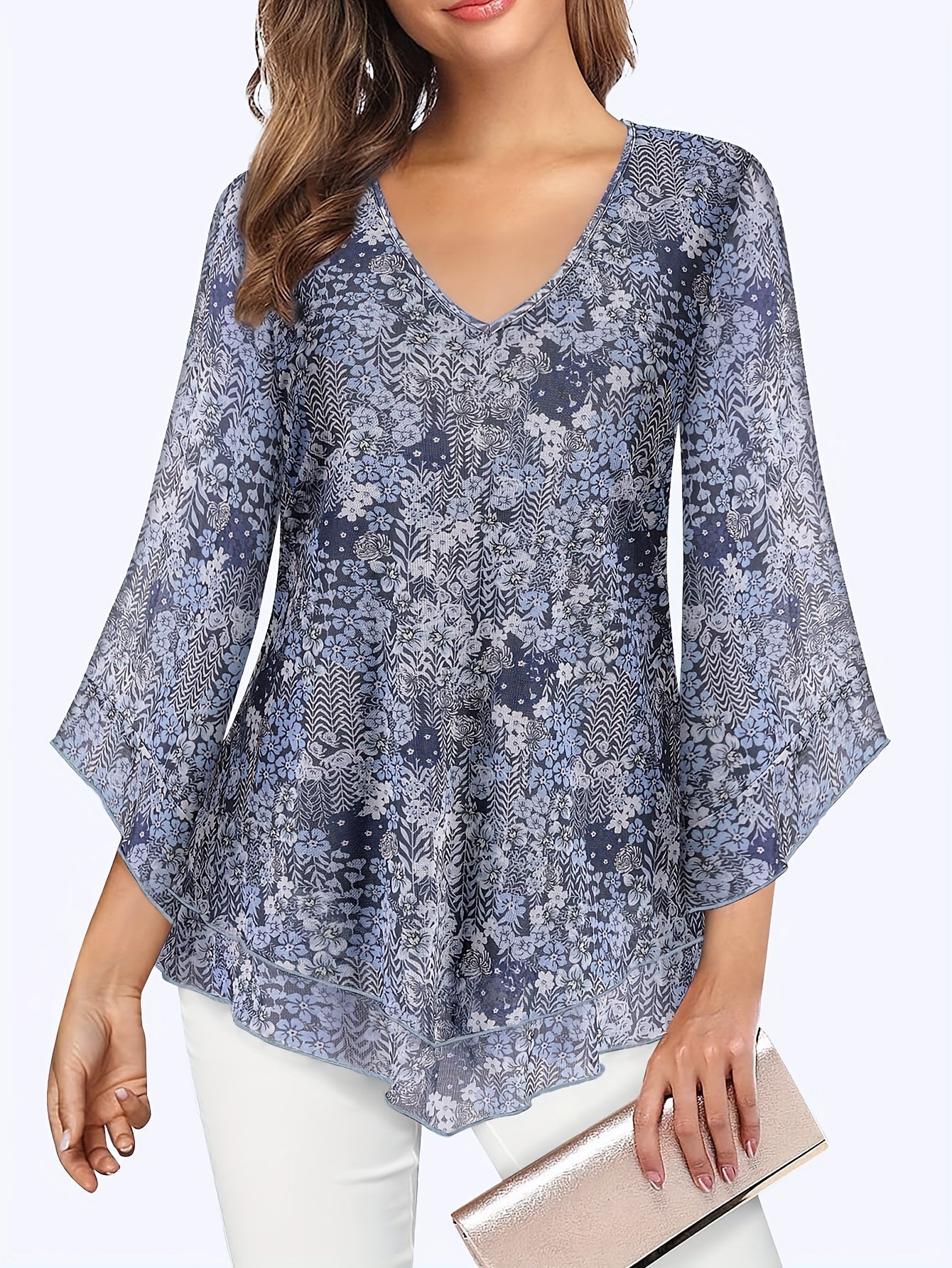 Claudia® | Chic V-Neck Ruffle Mesh Blouse