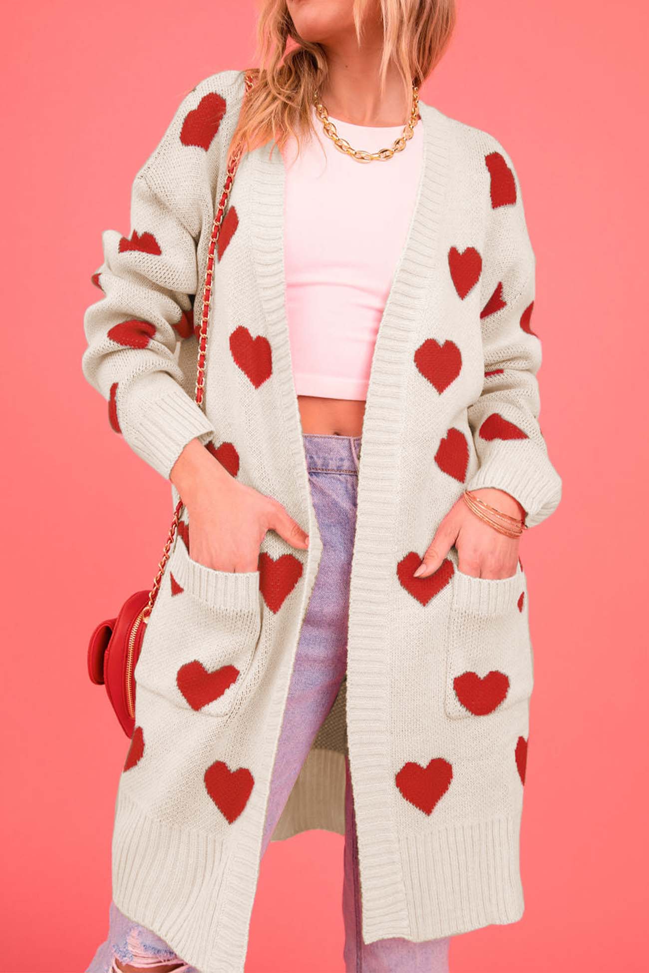 Berta® | Heart Open Front Pocket Long Cardigan