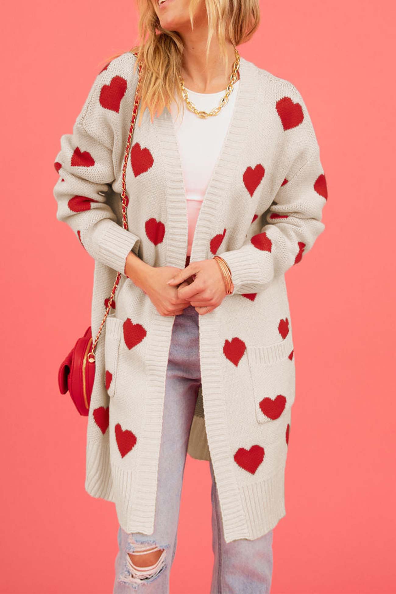 Berta® | Heart Open Front Pocket Long Cardigan
