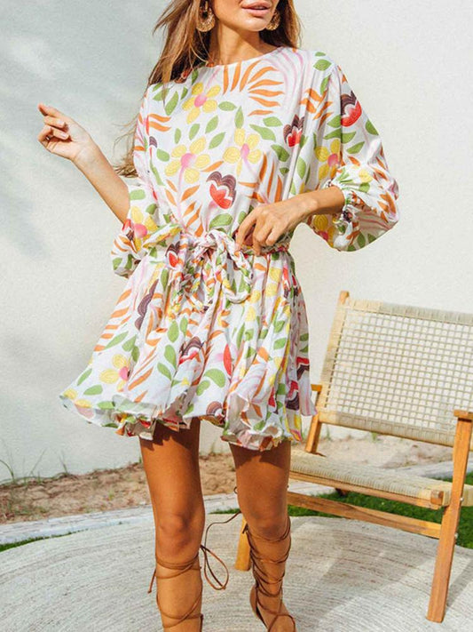 Brenda® | Printed tunic mini dress with round collar and belt