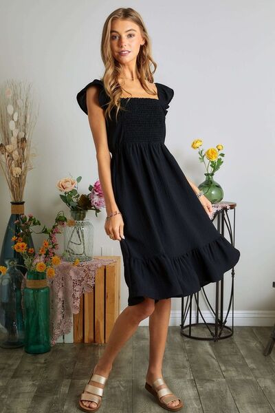 Arden® | Smocked ruffled dress with cap sleeves and square neckline