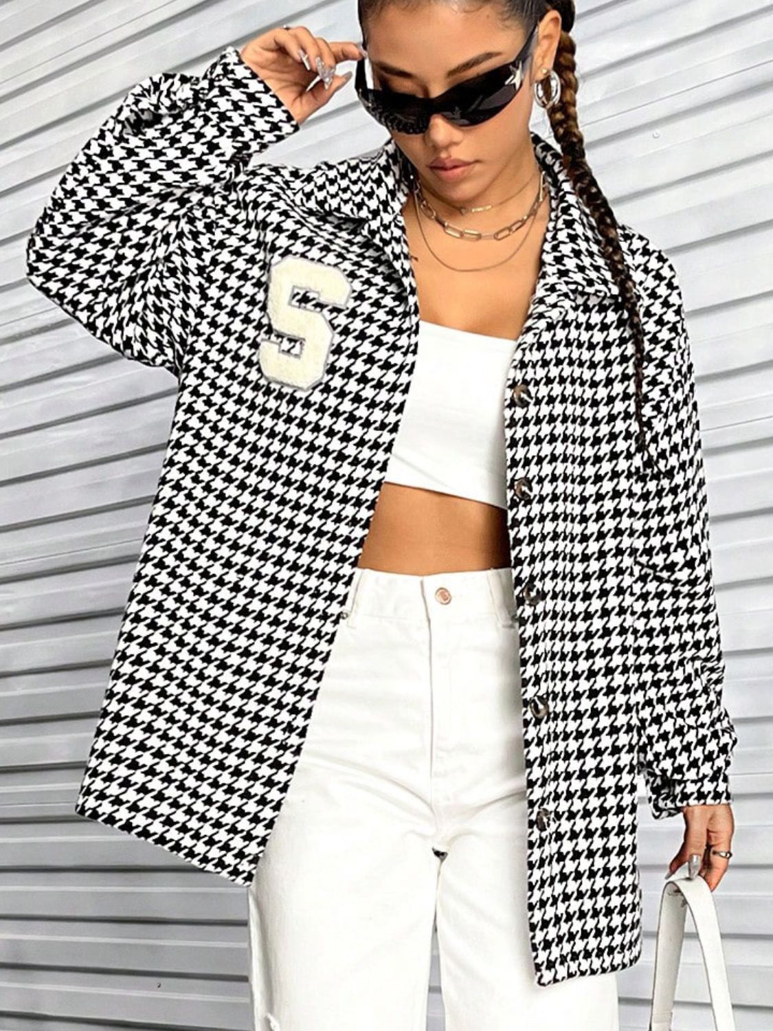 Claudia® | Houndstooth button down long sleeve jacket