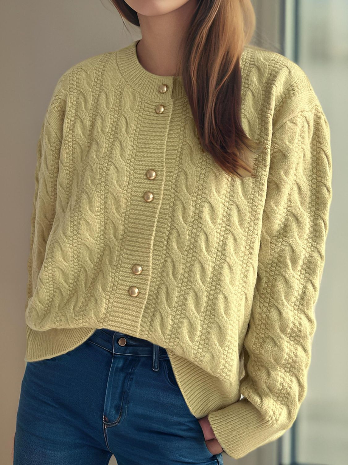 Cristina® | Cable knit cardigan with a crew neck and long sleeves