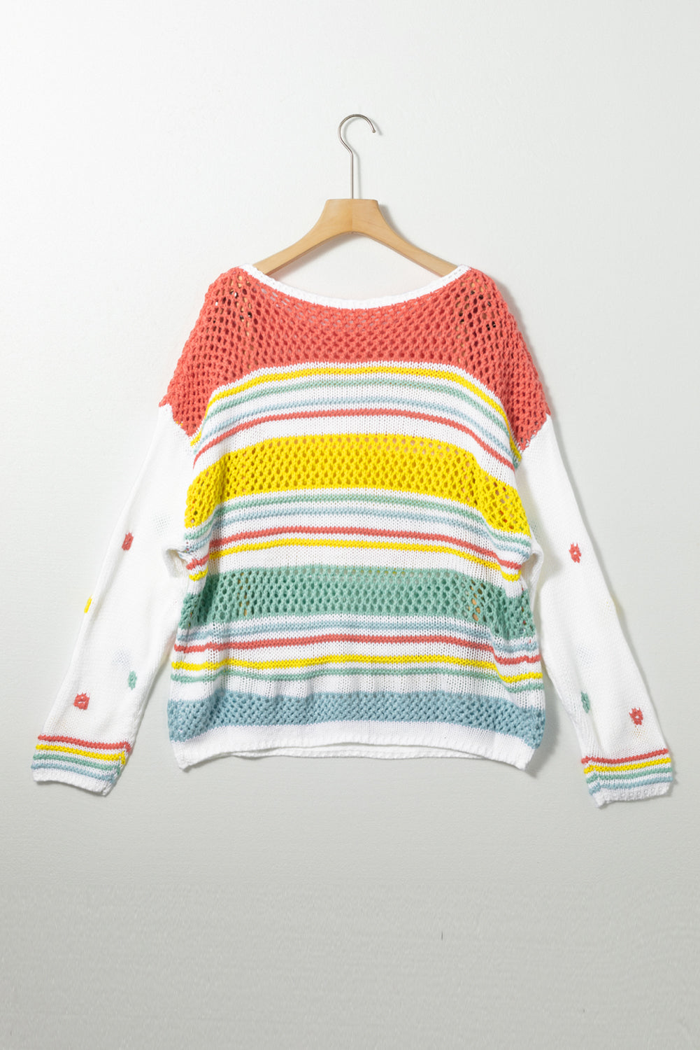 Elara® | Hollow striped color block crew neck sweater