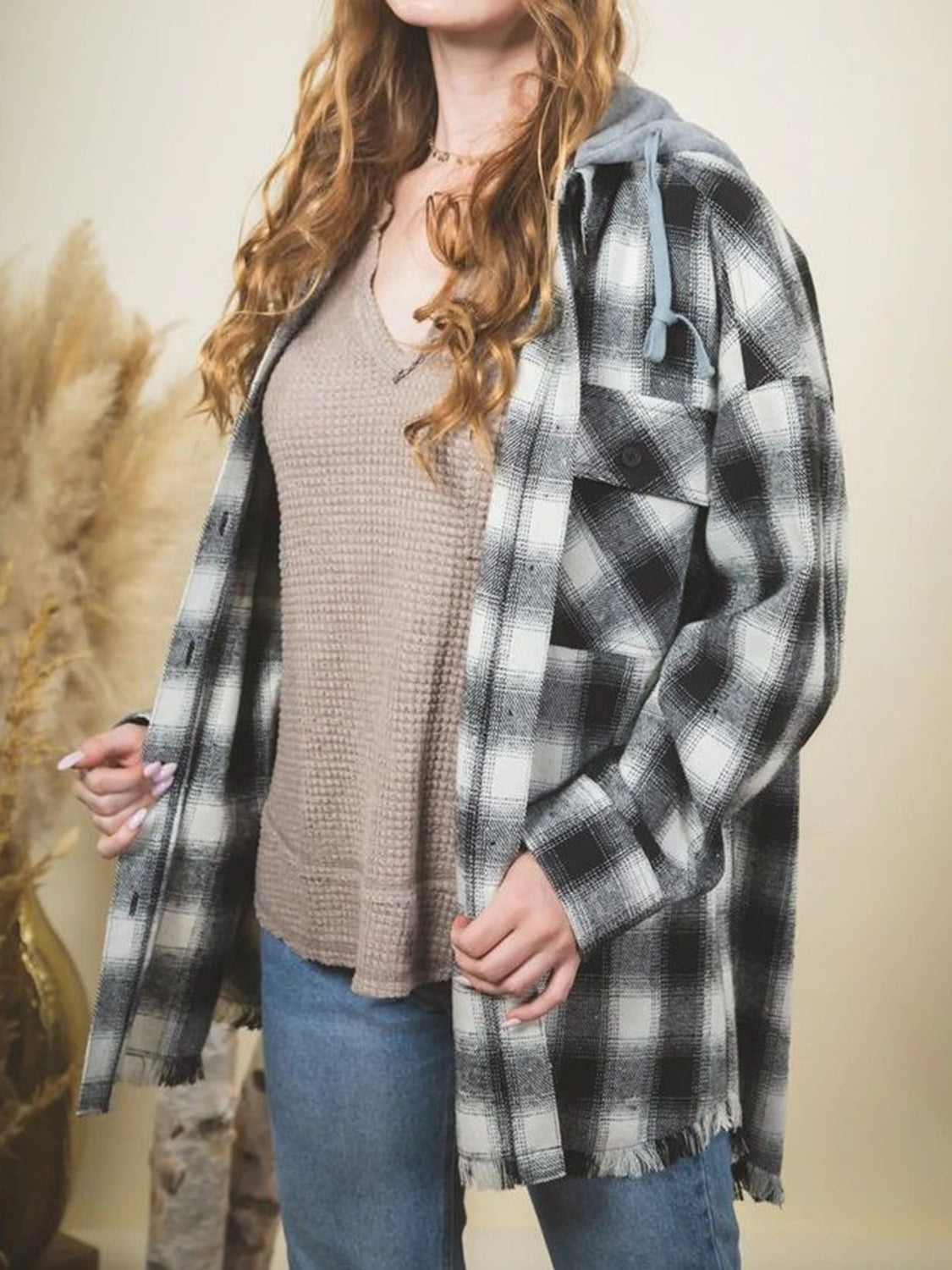 Carmen® | Checked long sleeve hooded jacket with raw hem