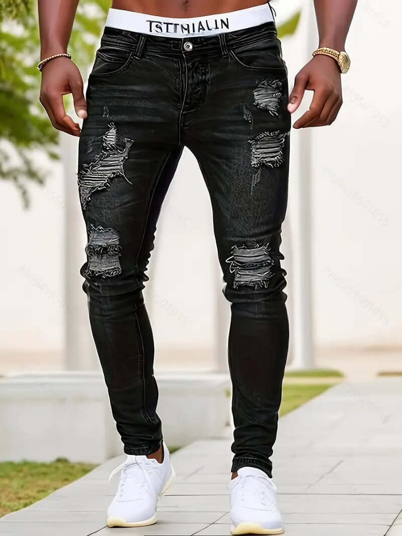 Men’s Skinny Jeans – Distressed Denim – Ripped Knees – Full Length Casual Fit