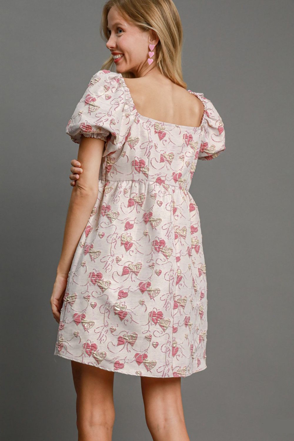 Ella® | Heart jacquard mini dress with square neckline and puff sleeves