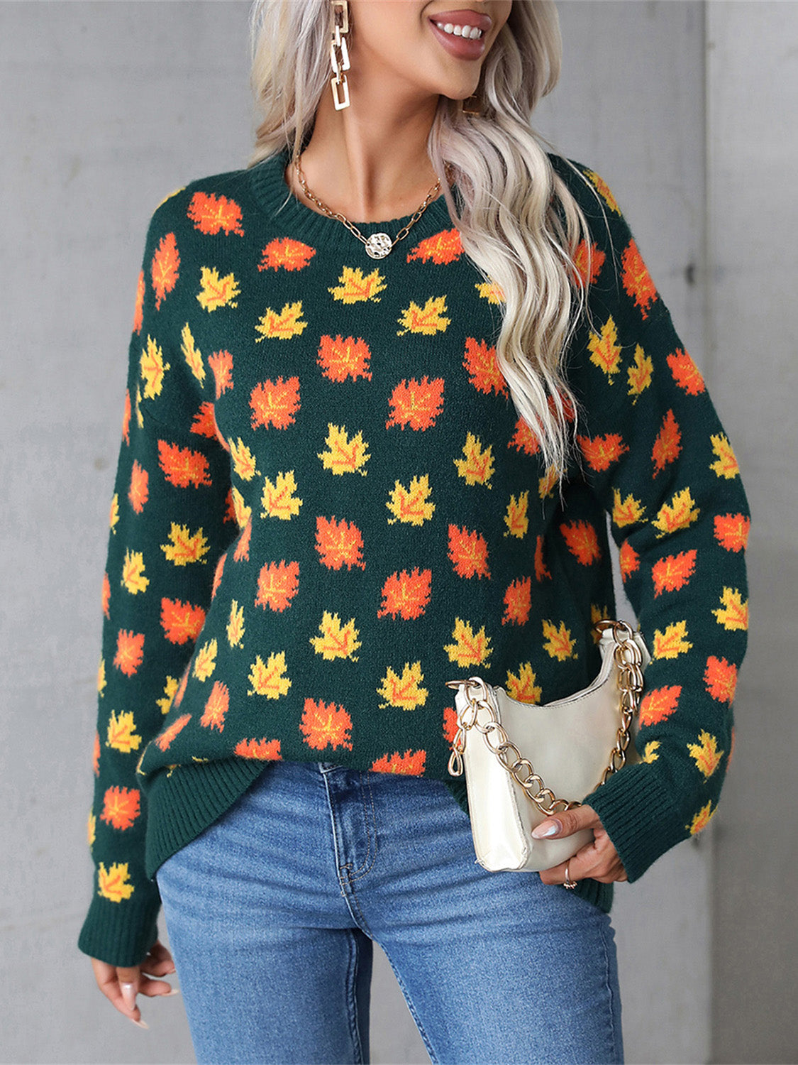 Araceli® | Maple leaf long sleeve crew neck sweater