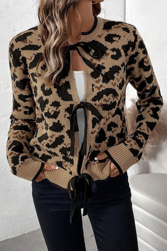Bella® | Brown knit cardigan with bow tie and leopard print