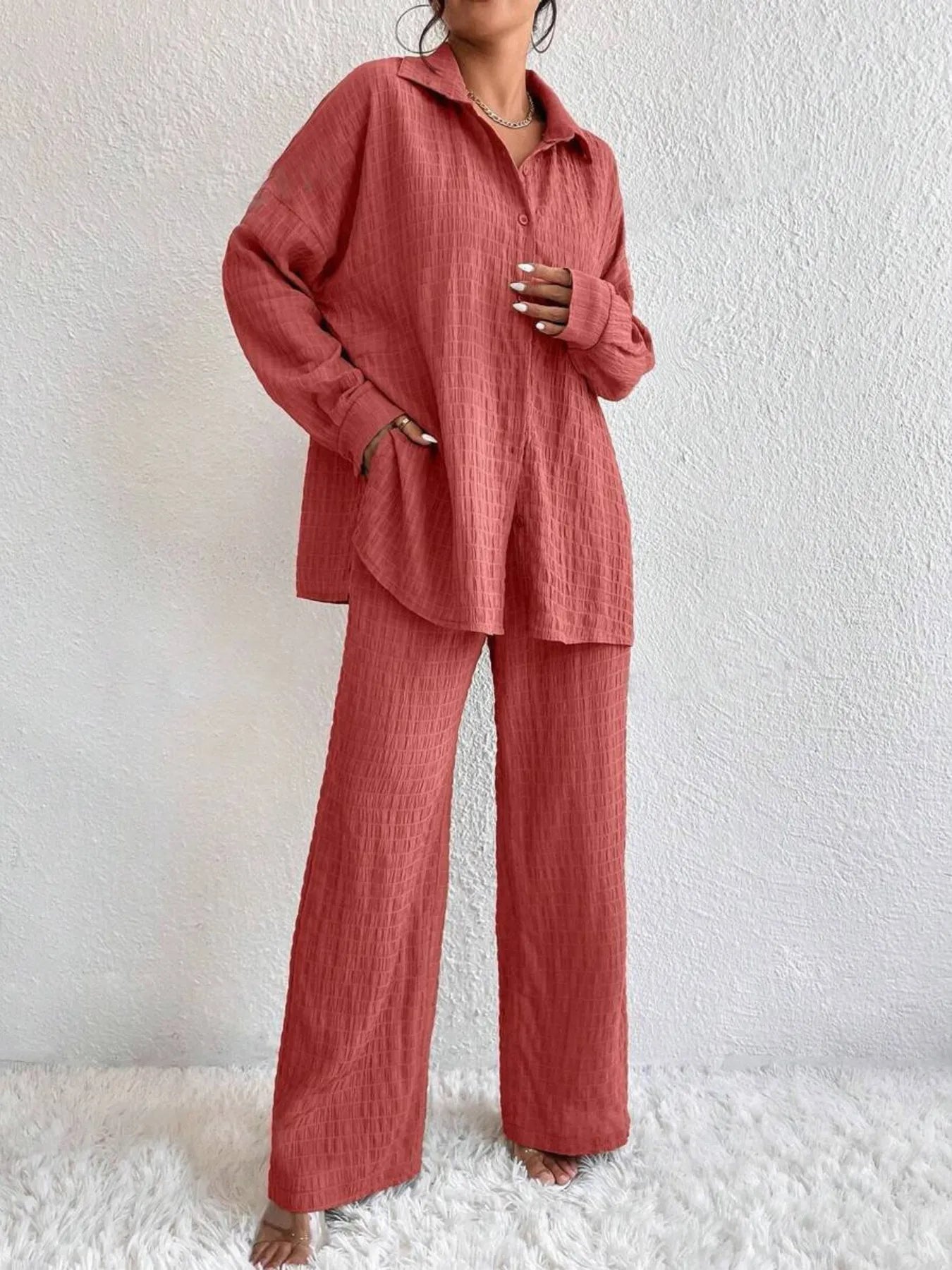 Elettra® | Elegant Long-Sleeved Button-Down Blouse And Pants Set