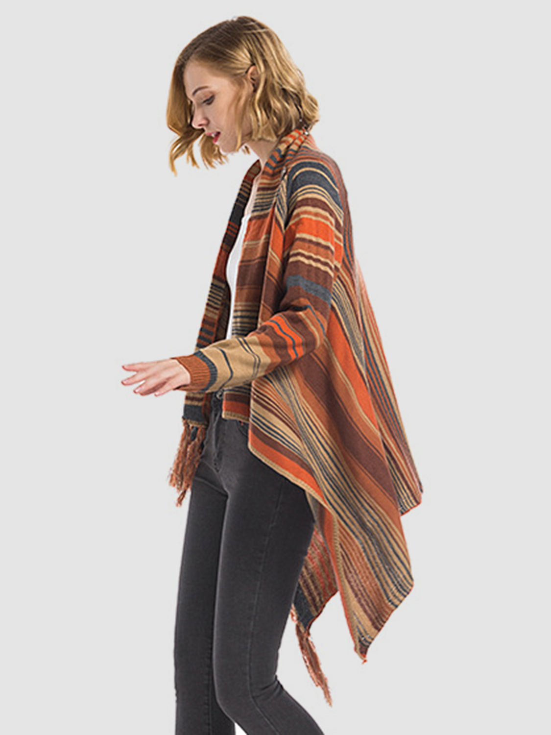 Dagny® | Long sleeve cardigan with tassel stripes and open front