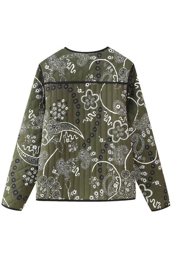 Elizabeth® | Retro Print Pockets Loose Round Neck Jacket