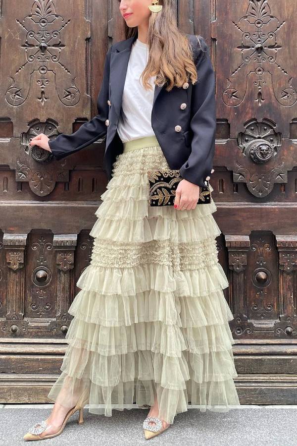 Aurora® | Tiered tulle maxi skirt with elastic waistband from City Empress