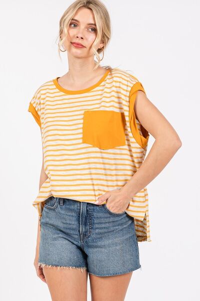 Elena® | Striped T-shirt with cap sleeves and side slit