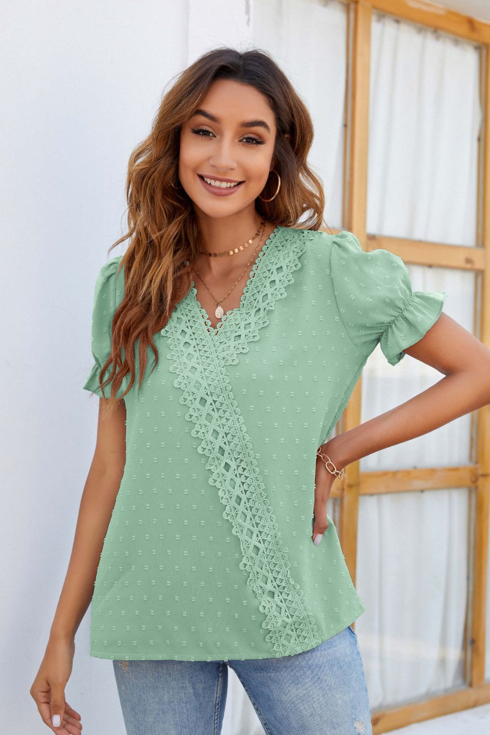Azul® | Short sleeve blouse with V-neck and Swiss Dot lace detail