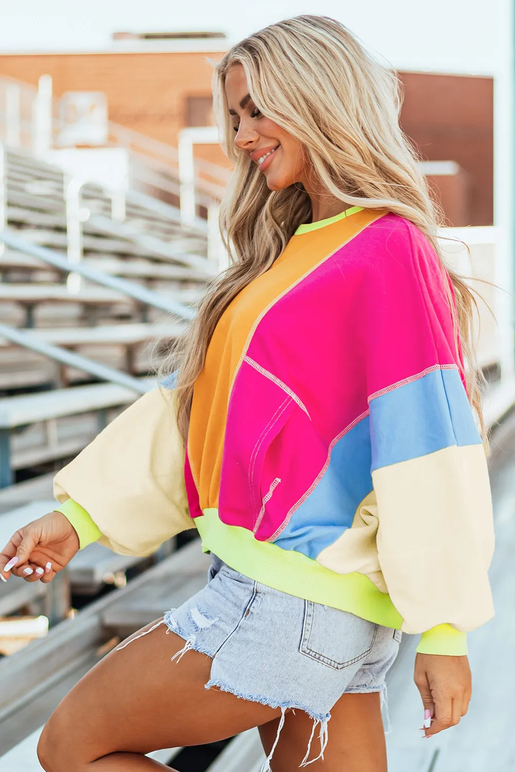 Claudette® | Color block long sleeve crew neck top