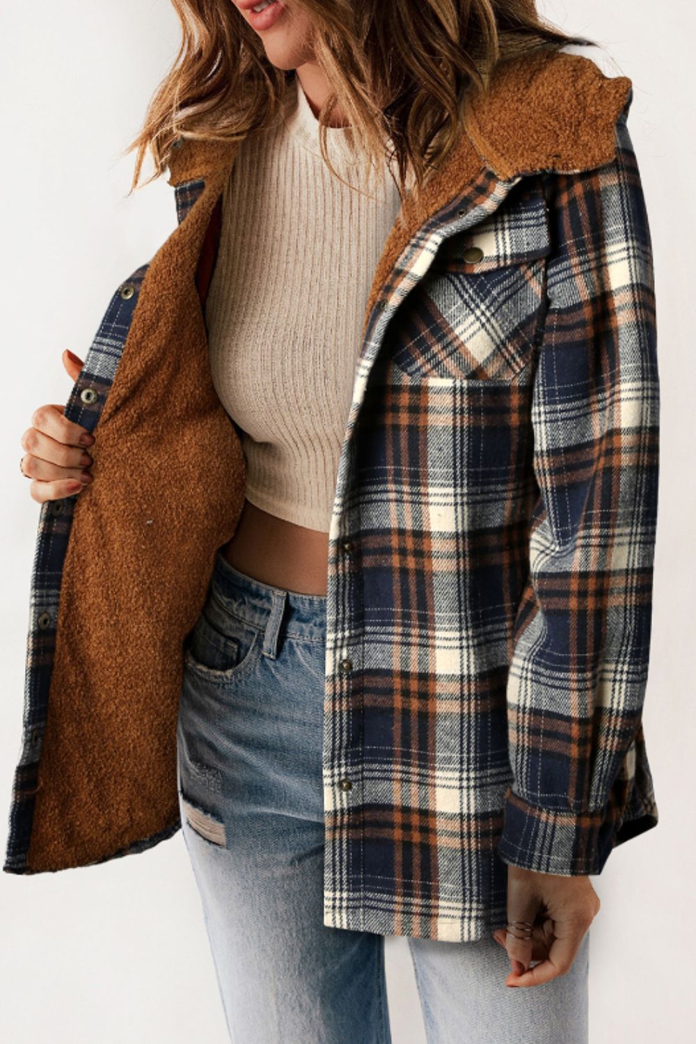 Brigida® | Checked button down long sleeve hooded jacket