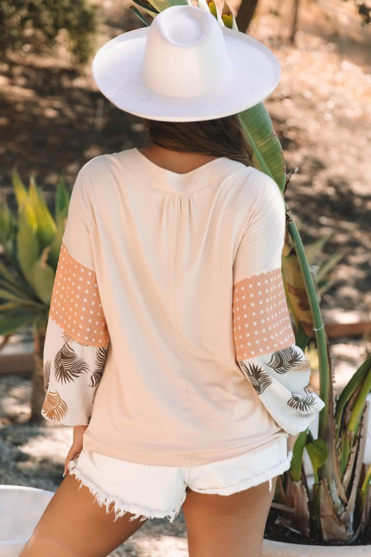 Elena® | Patchwork sweatshirt with polka dot puff sleeves for women