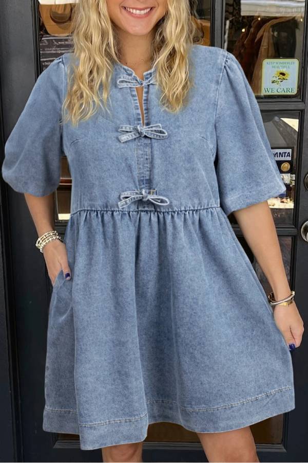 Delia® | Twilight blue denim dress with bow and puff sleeves