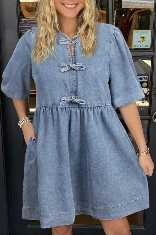 Delia® | Twilight blue denim dress with bow and puff sleeves