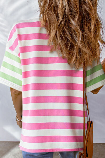 Elara® | Contrast striped crew neck t-shirt with half sleeves