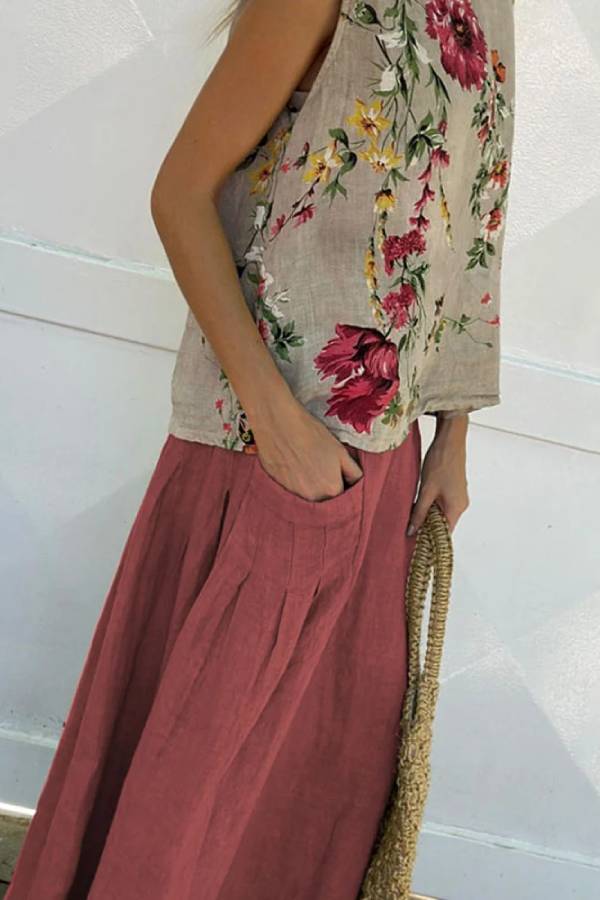 Eliana® | Casual printed cotton linen tank top and skirt two piece set