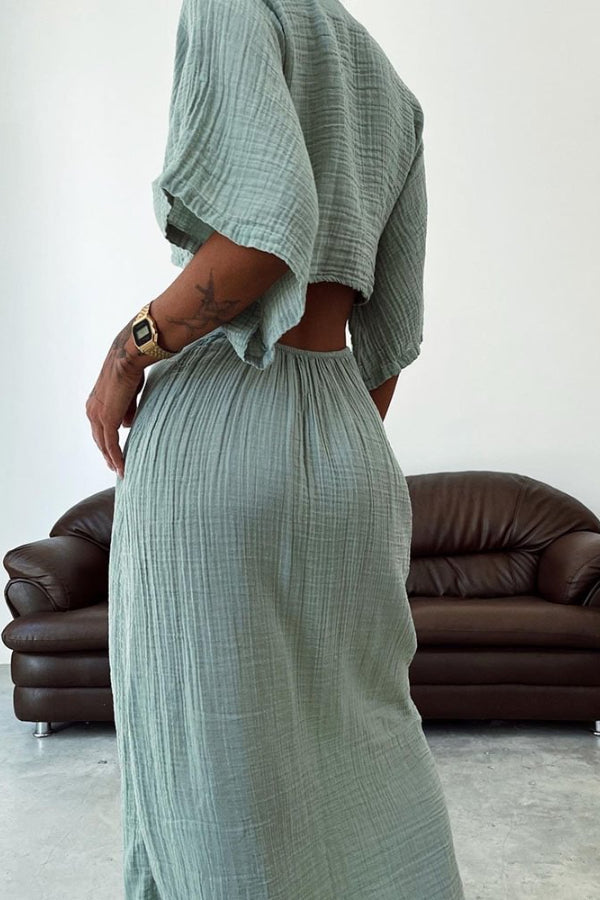 Elda® | Lace-up cotton and linen dress with exposed waist