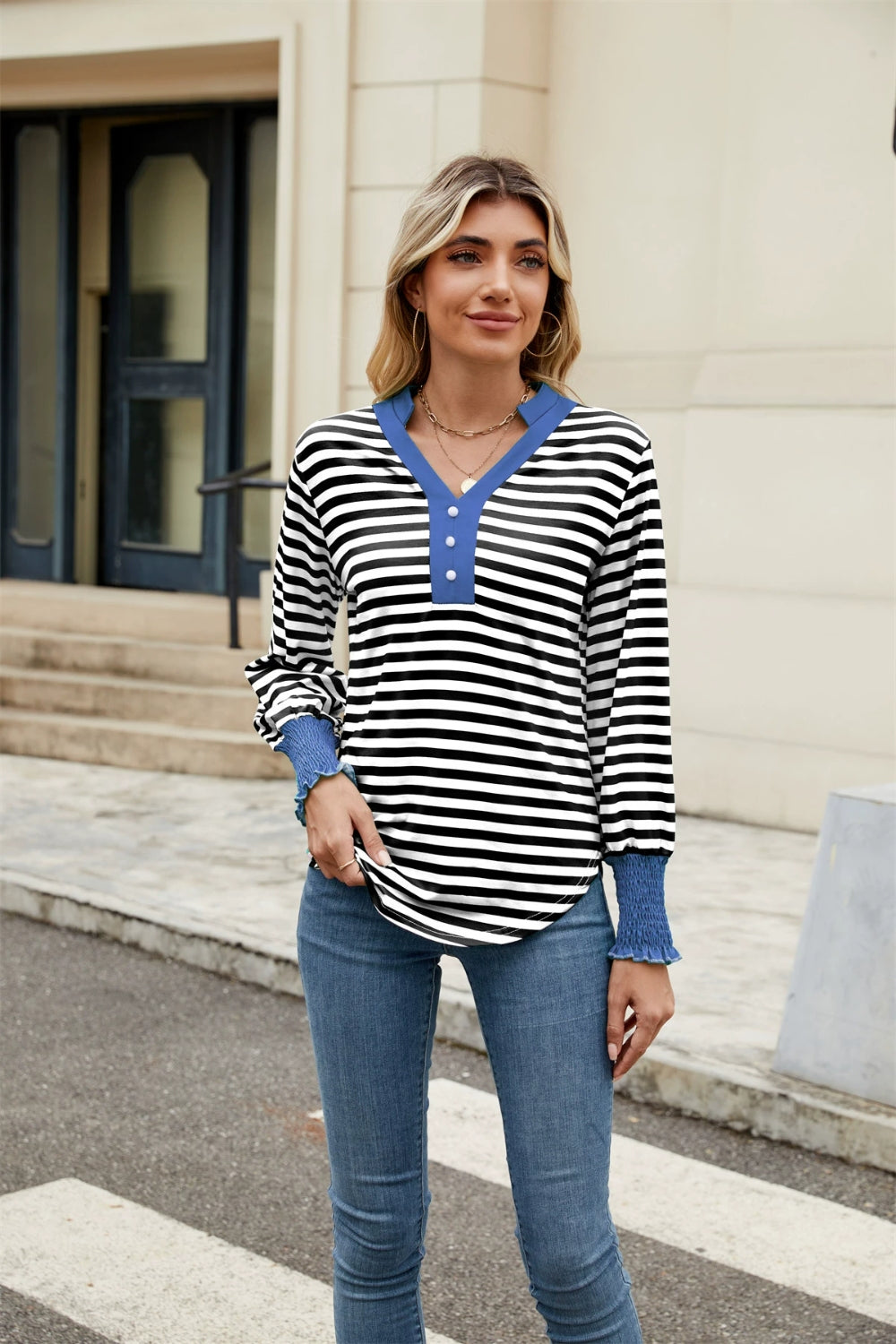 Elena® | Contrast striped long sleeve top with notches