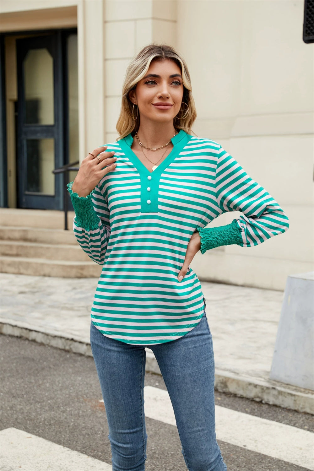 Elena® | Contrast striped long sleeve top with notches